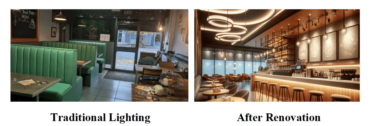 Traditional lighting vs LED light strips in the coffee shop 2