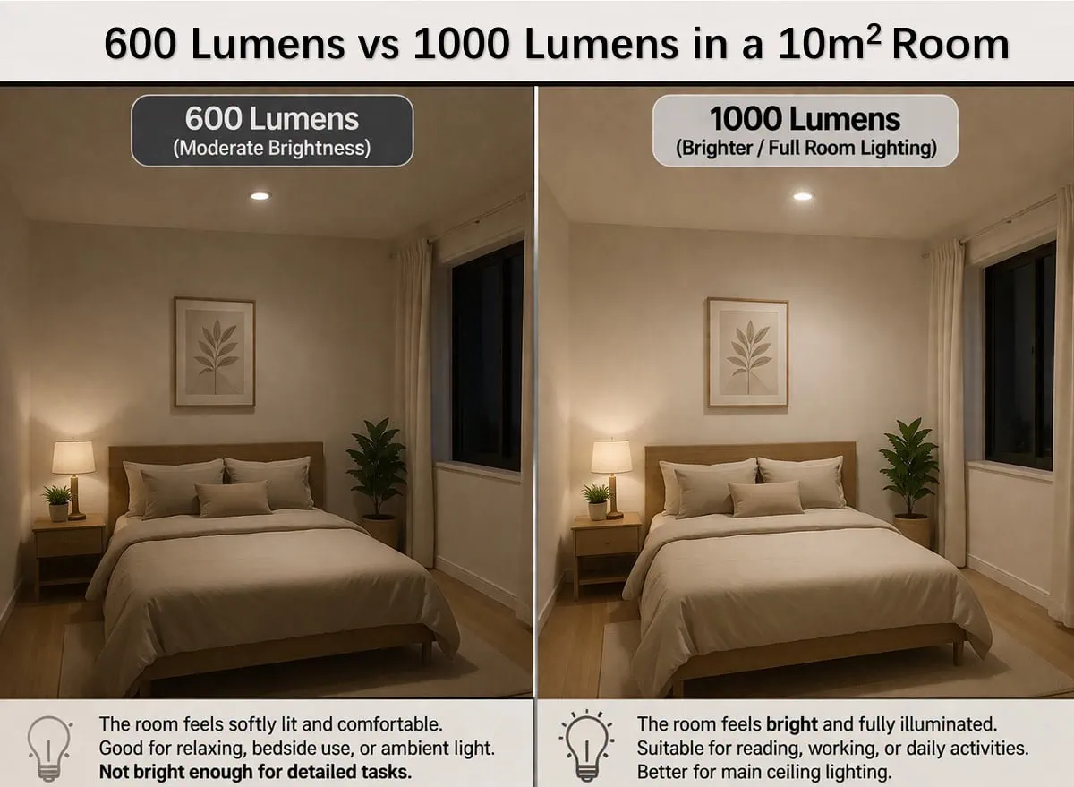 What 600 Lumens vs 1000 Lumens Look Like in a 10 Square Meter Room