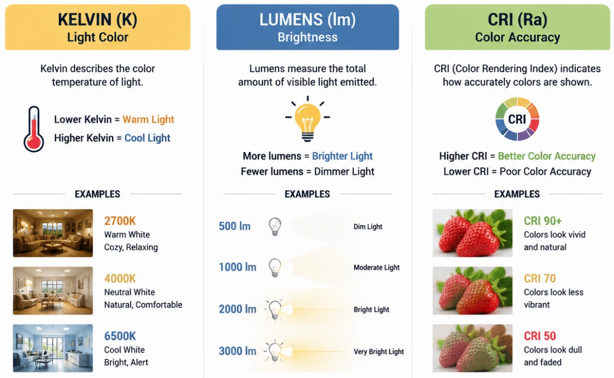 Lighting basics infographic: lower Kelvin = warmer light, higher Kelvin = cooler light; more lumens = brighter light; higher CRI = more accurate colors
