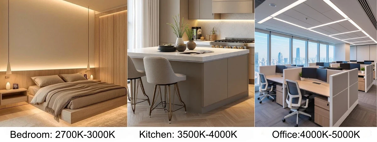 Recommended color temperatures by room: bedroom 2700-3000K, kitchen 3500-4000K, office 4000-5000K