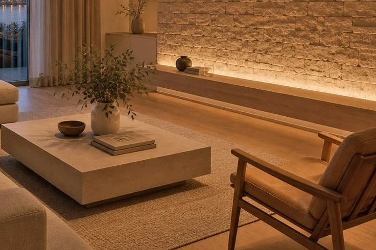 Cozy living room with warm strip lighting.