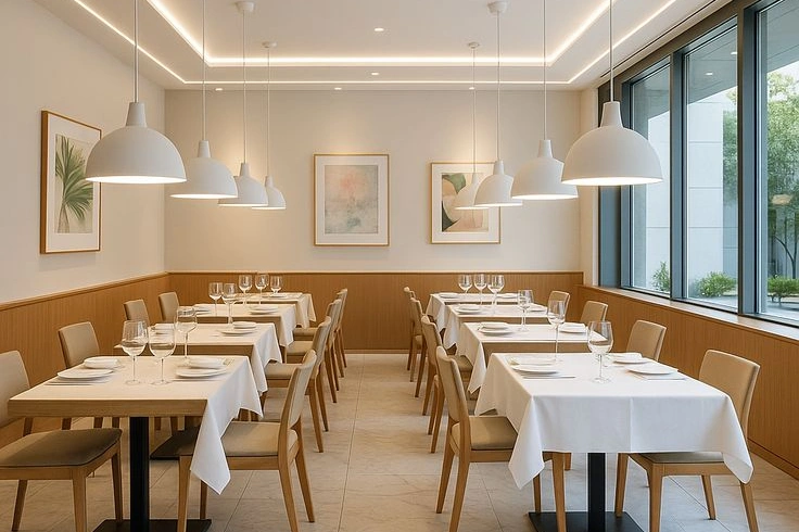 Modern restaurant interior with natural white strip lights.